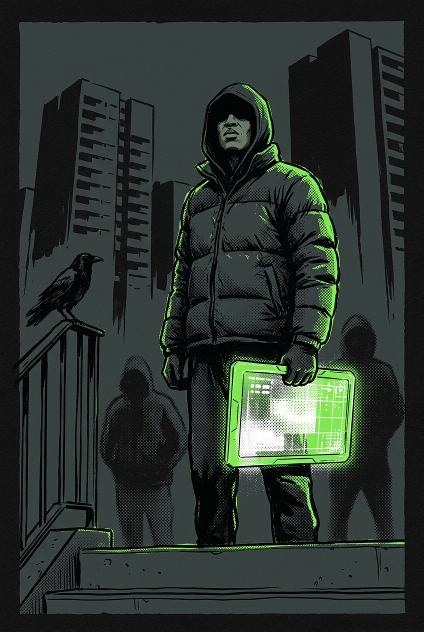 Hooded driller in a puffa carrying a volt-green data shield